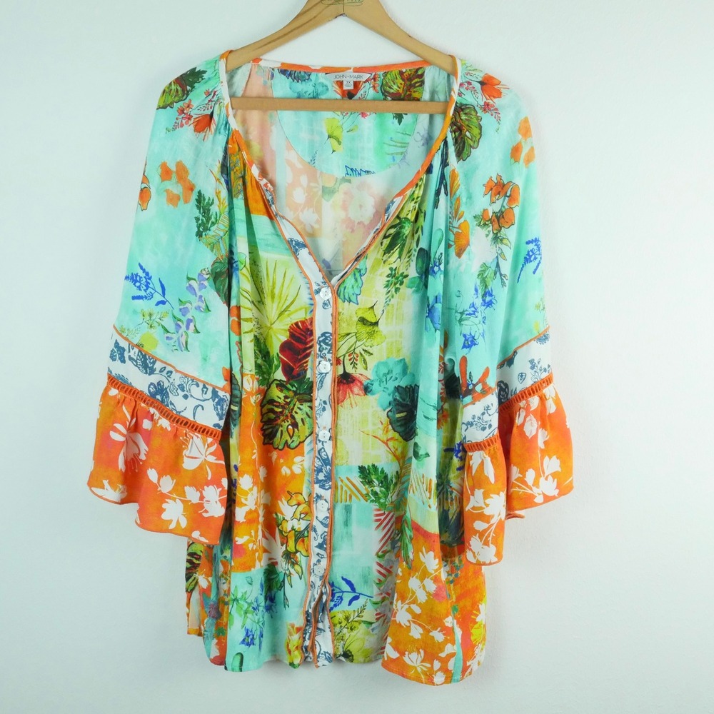 John Mark Floral Patchwork Bell Sleeve Button Front Blouse Colorful Boho 3X